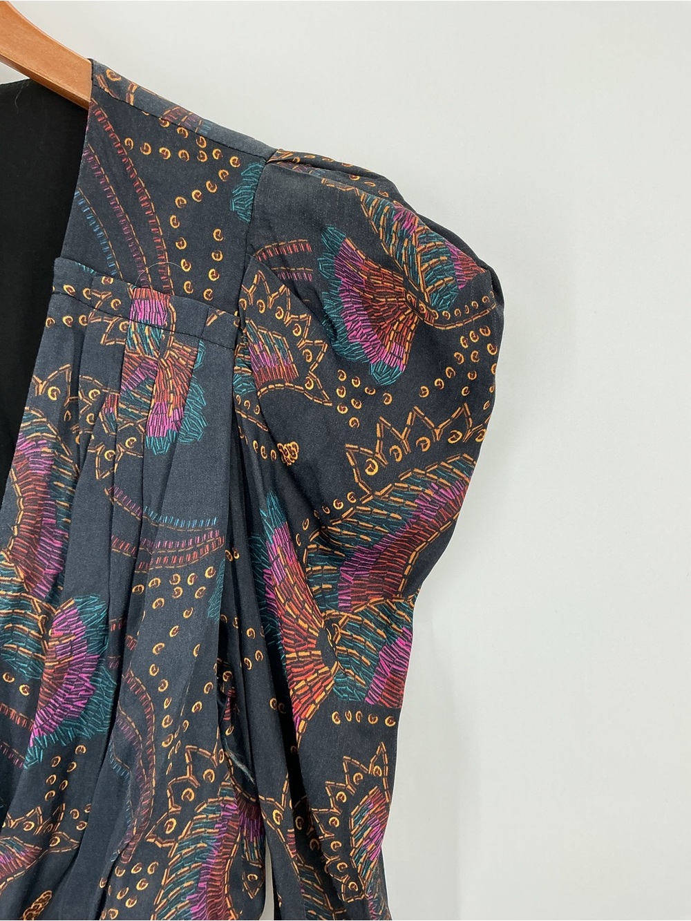Farm Rio Toucan Paisley Wrap Midi Dress Puff Sleeve Black Multicolor XS - Picture 6 of 9